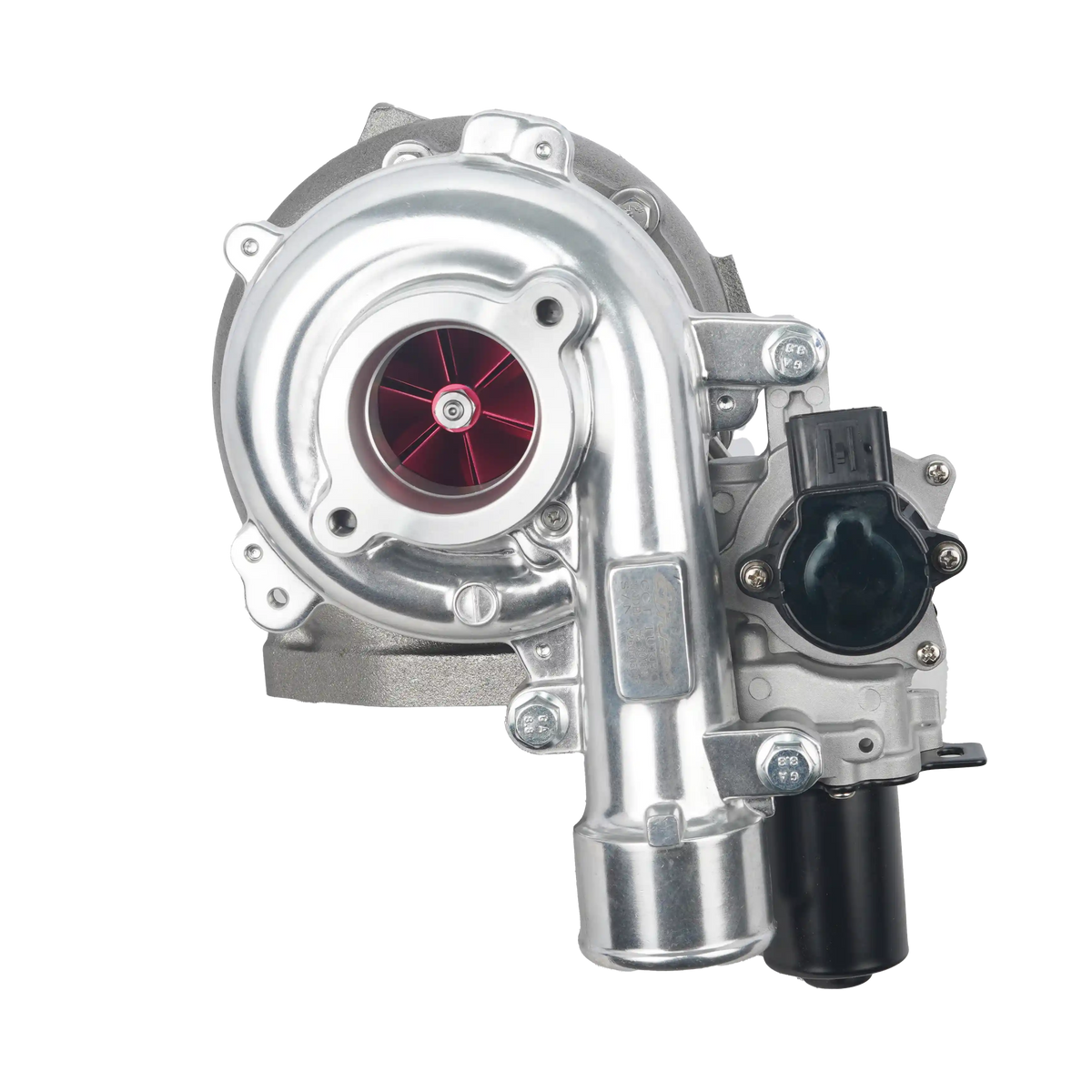 A silver metallic automotive turbocharger with a red internal turbine visible through the intake port, mounted on a white background.