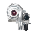 A silver metallic automotive turbocharger with a red internal turbine visible through the intake port, mounted on a white background.